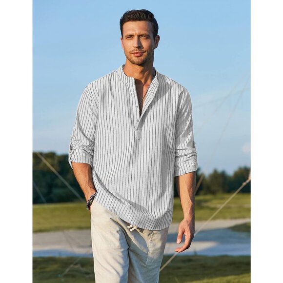 Men White Striped Casual Long Sleeve Linen Shirt Beach Loose Fit Summer Top - Picture 1 of 8